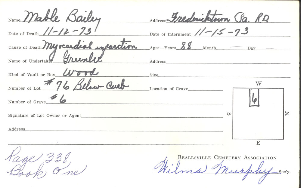 Mabel Bailey burial card